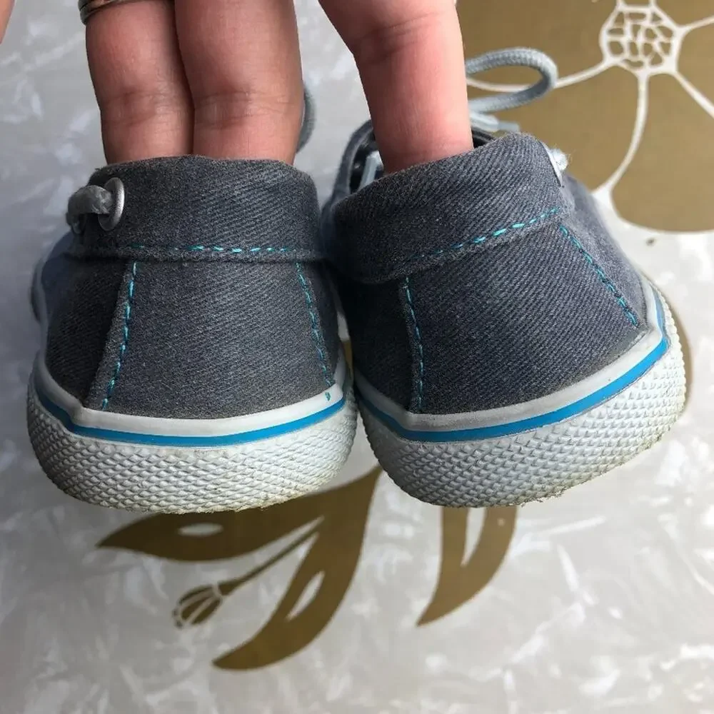 Children's Place Gray White Blue Canvas Slip On Tie Double Eye Boat Loafer Shoes